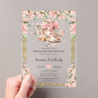  Roze Bloemen High Tea Party Vrijgezellenfeest Acryl Uitnodigingen