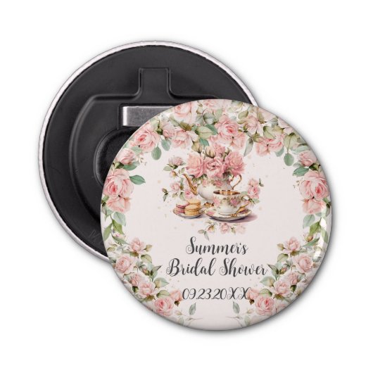 Roze Bloemen High Tea Party Vrijgezellenfeest Button Flesopener (Voorkant)