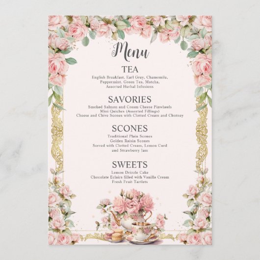  Roze Bloemen High Tea Party Vrijgezellenfeest Menu (Voorkant)