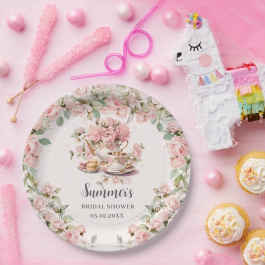  Roze Bloemen High Tea Party Vrijgezellenfeest Papieren Bordje (Feest)