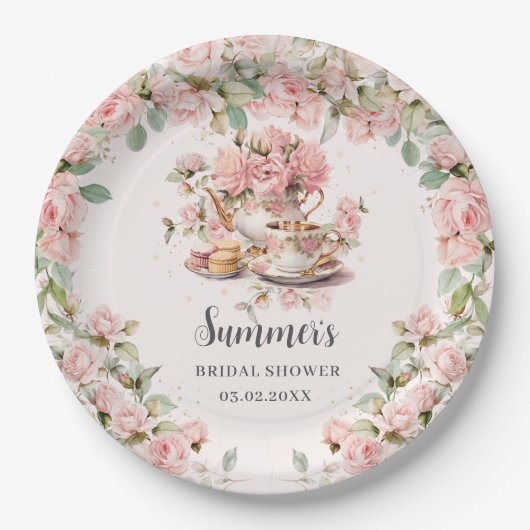  Roze Bloemen High Tea Party Vrijgezellenfeest Papieren Bordje (Voorkant)