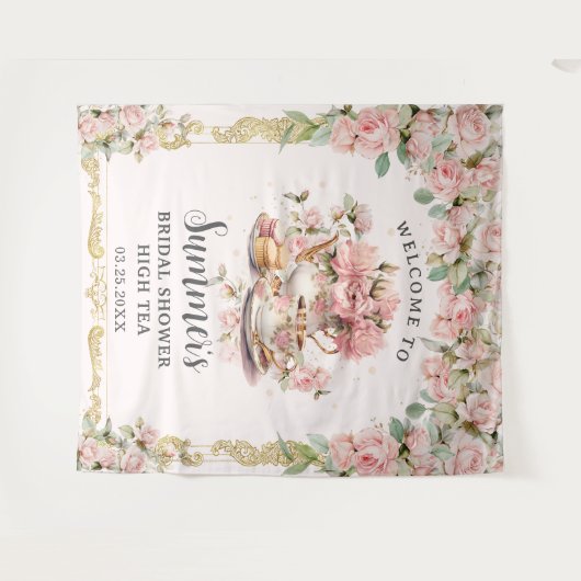  Roze Bloemen High Tea Party Vrijgezellenfeest Wandkleed (Voorkant (horizontaal))