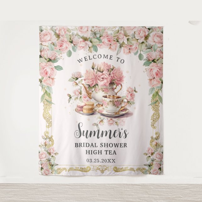  Roze Bloemen High Tea Party Vrijgezellenfeest Wandkleed (Voorkant)