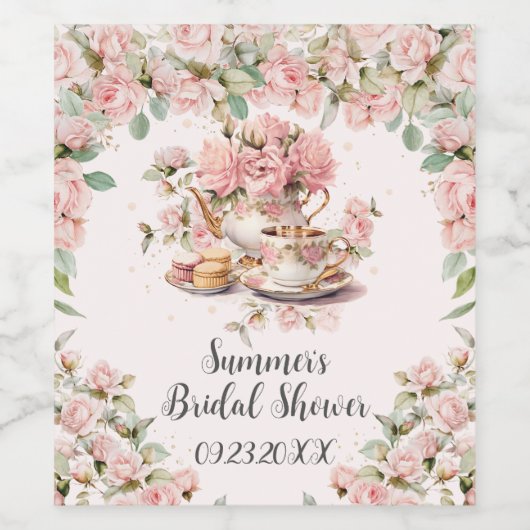 Roze Bloemen High Tea Party Vrijgezellenfeest Wijn Etiket (Enkel label)