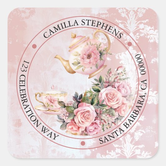 Roze Bloemen High Tea Retour Adres Envelop Verzege Vierkante Sticker (Voorkant)