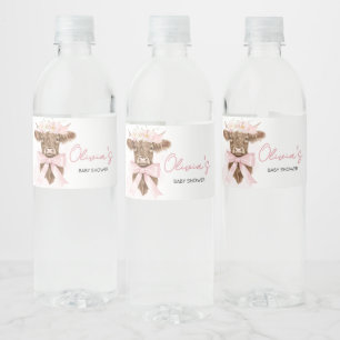 Roze Bloemen Highland Koe Baby shower Waterfles Etiket