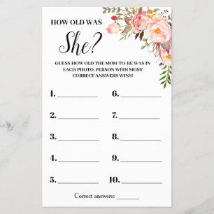 Roze bloemen Hoe oud was ze Baby shower Game-kaart Flyer