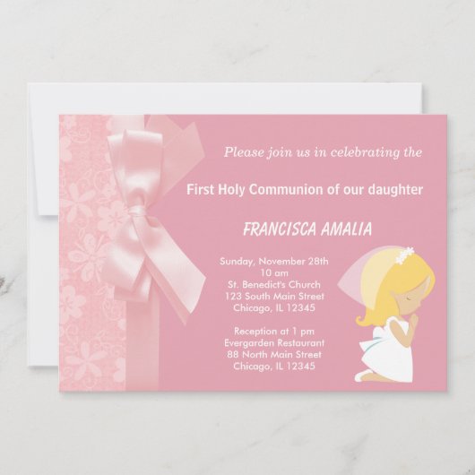 Roze Bloemen Holly Communie Kaart (Voorkant)