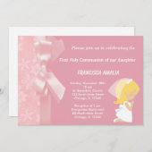 Roze Bloemen Holly Communie Kaart (Voorkant / Achterkant)