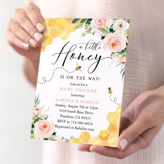 Roze Bloemen Honey Bee Baby shower Kaart
