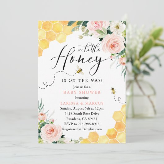 Roze Bloemen Honey Bee Baby shower Kaart (Staand voorkant)
