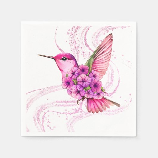 Roze Bloemen Hummingbird Papier Servet (Voorkant)