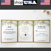 Roze Bloemen Huwelijk 🌸 Elegante Botanische Lente Drieluik Uitnodiging