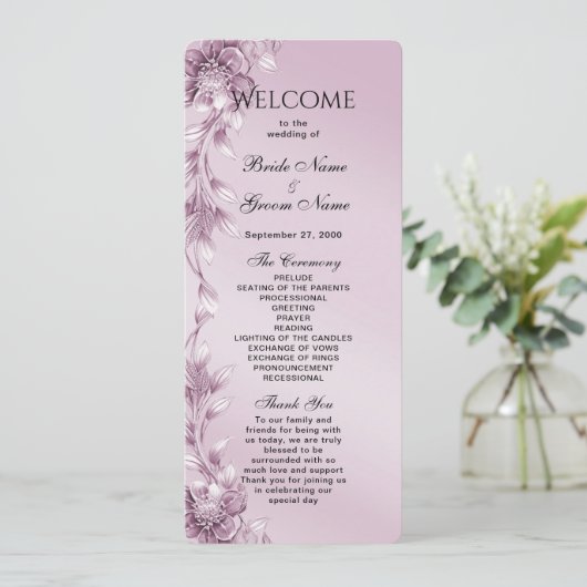 Roze Bloemen Huwelijksprogramma Programmakaart (Staand voorkant)