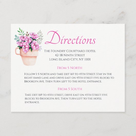 Roze Bloemen Huwelijksroutebeschrijving Waterverf  Informatiekaartje (Voorkant)