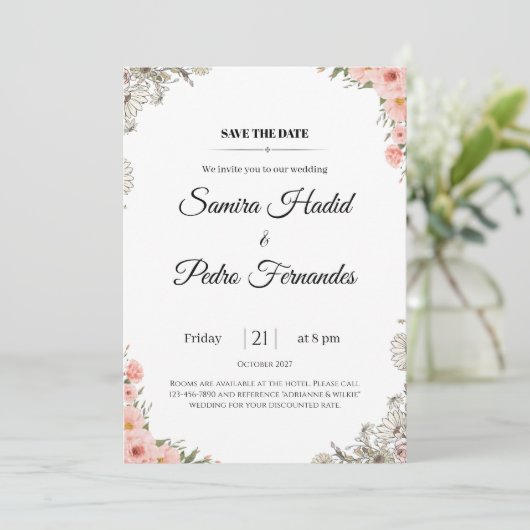 Roze Bloemen Huwelijksuitnodiging Elegante Minimal Kaart (Staand voorkant)