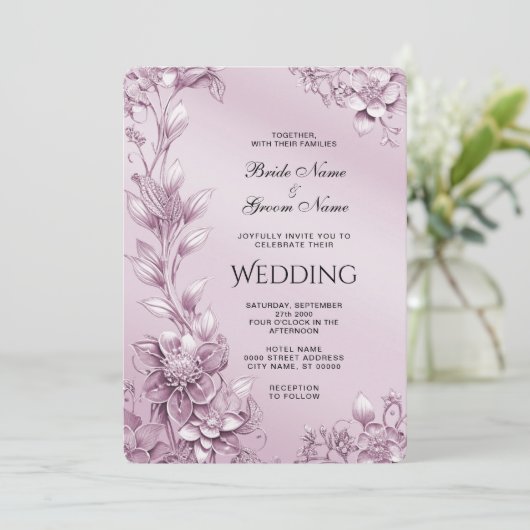 Roze Bloemen Huwelijksuitnodiging Kaart (Staand voorkant)