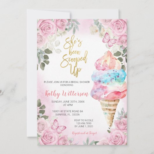 Roze Bloemen Ice Cream Bruids Douche Uitnodiging (Voorkant)
