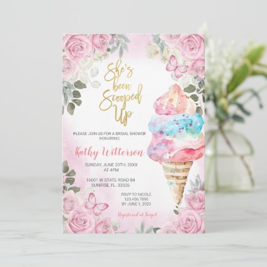 Roze Bloemen Ice Cream Bruids Douche Uitnodiging (Staand voorkant)