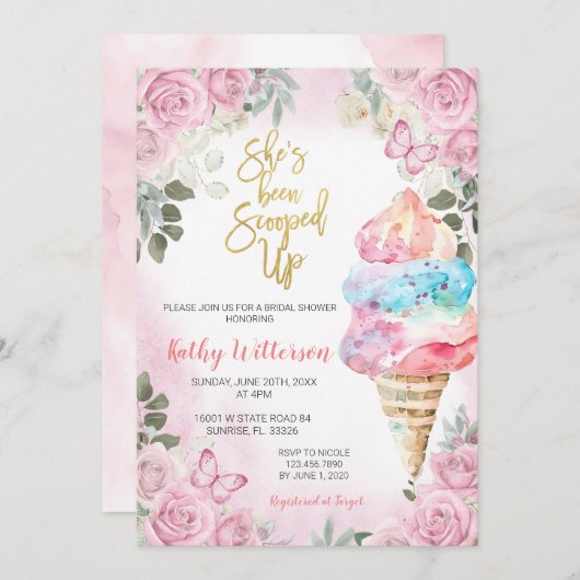 Roze Bloemen Ice Cream Bruids Douche Uitnodiging (Voorkant / Achterkant)