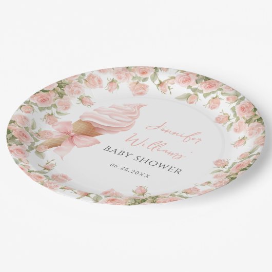 Roze Bloemen Ijs Zomer Baby Meisje Douche Papieren Bordje (Gekanteld)