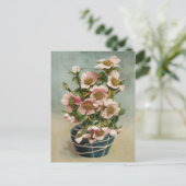 roze bloemen in blauw vet briefkaart (Staand voorkant)