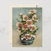 roze bloemen in blauw vet briefkaart (Voorkant / Achterkant)