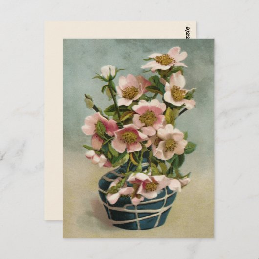 roze bloemen in blauw vet briefkaart (Voorkant / Achterkant)