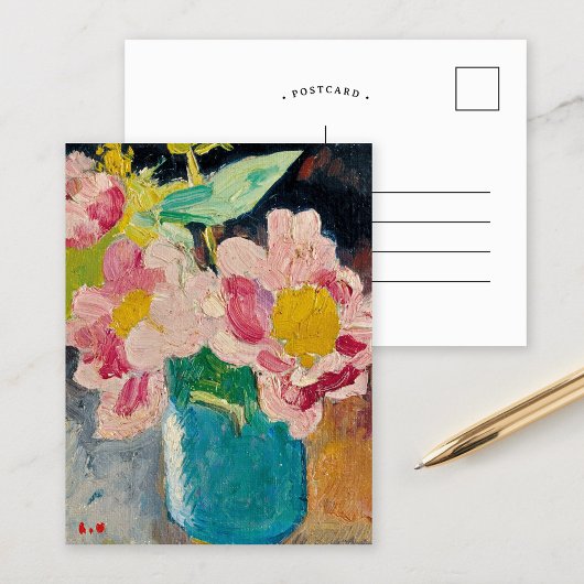Roze bloemen in een blauwe vaas | Louis Valtat Briefkaart