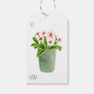 Roze bloemen in grijze pot cadeaulabel