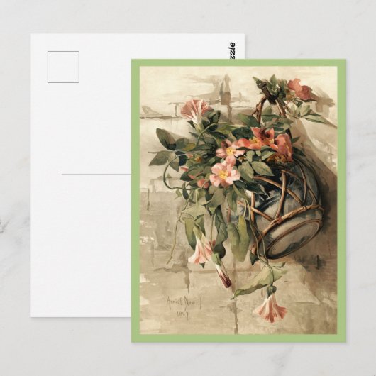 Roze bloemen in hangende vaas, floraal briefkaart (Voorkant / Achterkant)