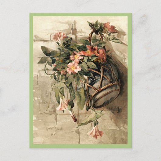 Roze bloemen in hangende vaas, floraal briefkaart (Voorkant)