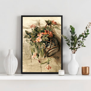 Roze bloemen in hangende vaas poster