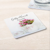 Roze bloemen in Teapot Tea Party Weddenschap Kartonnen Onderzetters (Schuin)
