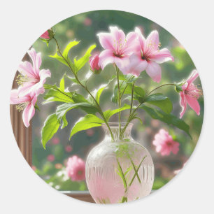 Roze bloemen in vaas ronde sticker
