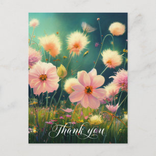 Roze Bloemen in Veld BEDANKT   Blanko Briefkaart