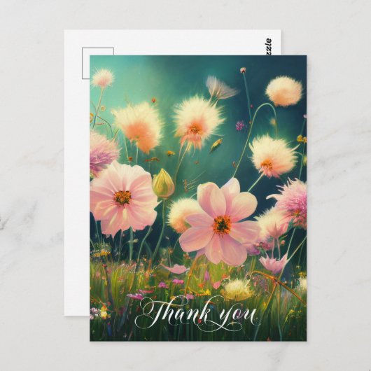 Roze bloemen in veld BEDANKT U | Blanco Briefkaart (Voorkant / Achterkant)