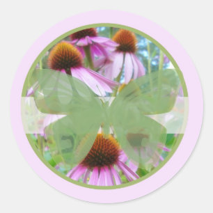 Roze Bloemen in Vlinders B Ronde Sticker