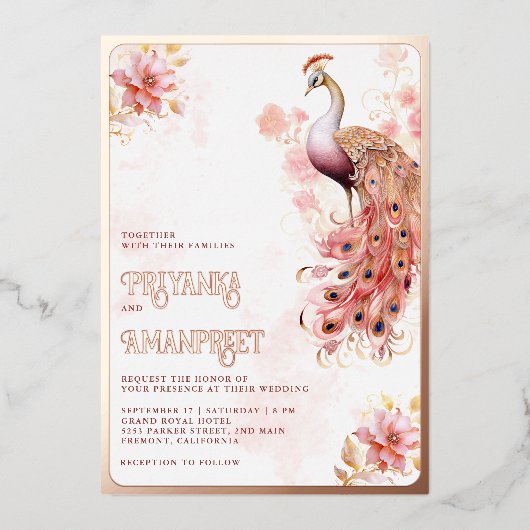 Roze Bloemen Indiase Peacock Bruiloft Roos Goud Folie Uitnodiging (Voorkant)