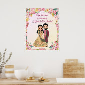Roze bloemen Indische bruiloft met Indiaas paar Poster (Keuken)