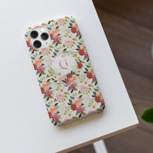 roze bloemen | Initiaal monogram Case-Mate iPhone Case