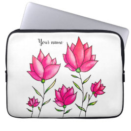Roze bloemen Inkt Waterverf Artsy Girly Name Laptop Sleeve