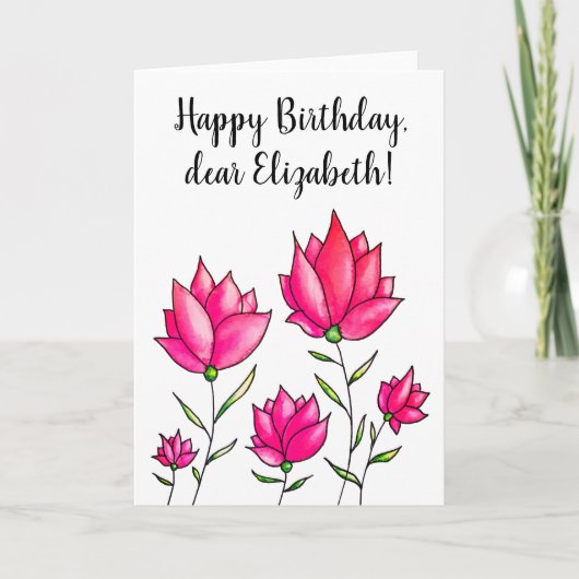 Roze bloemen Inkt Waterverf Happy Birthday Naam Kaart (Voorkant)