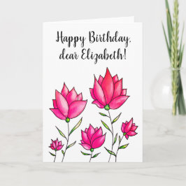 Roze bloemen Inkt Waterverf Happy Birthday Naam Kaart