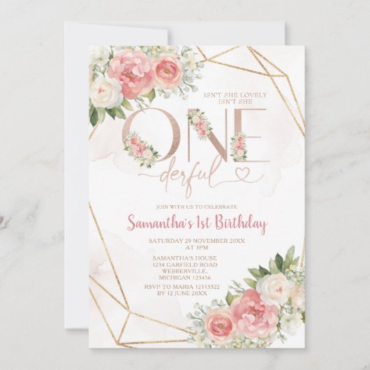 Roze Bloemen Is Ze Onederful 1e Verjaardag Goud Kaart (Voorkant)