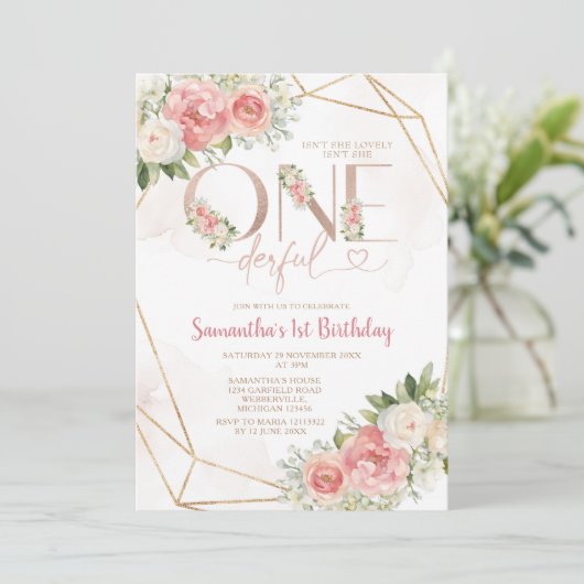 Roze Bloemen Is Ze Onederful 1e Verjaardag Goud Kaart (Staand voorkant)