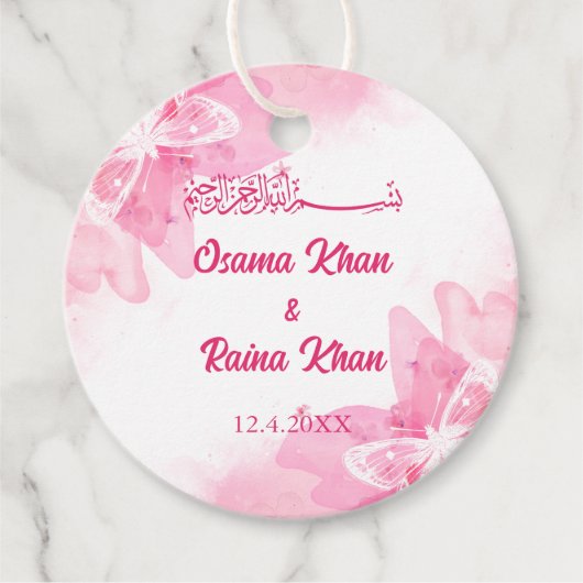 Roze Bloemen Islamitische Moslim Bruiloft Bedankjes Labels (Voorkant)
