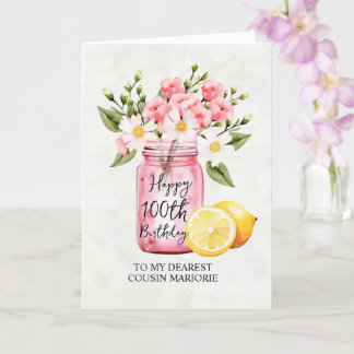 Roze Bloemen Jar Cousin 100e Verjaardag Groet Kaart