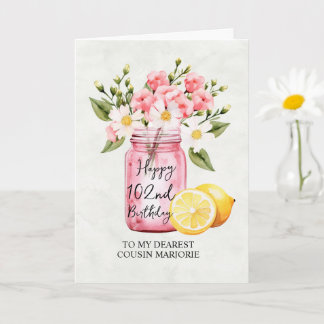 Roze Bloemen Jar Cousin 102e Verjaardag Groet Kaart