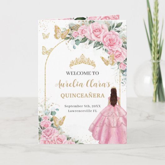 Roze Bloemen Jurk Goud Quinceañera Orde van Evenem Programma (Voorkant)